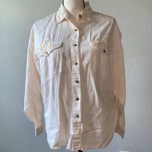 At Last Basics Cream/Lace Trim Long Sleeve Button Down Shirt-L